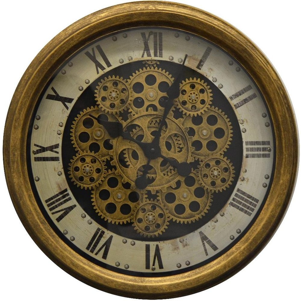 18" Antiqued Gold White And Black Metal Silent Skeleton Distressed Exposed Gear Round Wall Clock