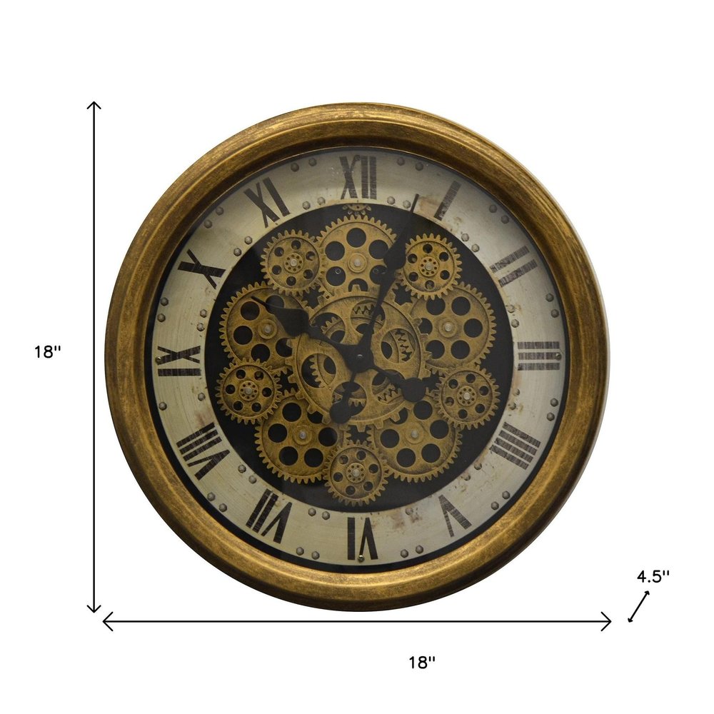 18" Antiqued Gold White And Black Metal Silent Skeleton Distressed Exposed Gear Round Wall Clock