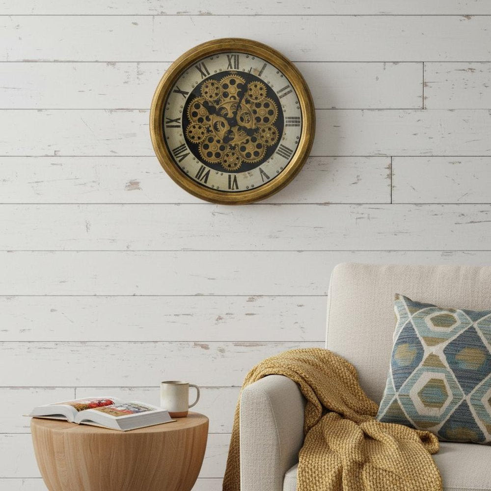 18" Antiqued Gold White And Black Metal Silent Skeleton Distressed Exposed Gear Round Wall Clock