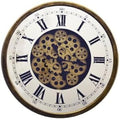 18" Antiqued Gold White And Black Metal Silent Skeleton Exposed Gear Round Wall Clock