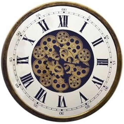 18-inch round wall clock with antiqued gold frame, white face, black Roman numerals, and exposed gold gears.