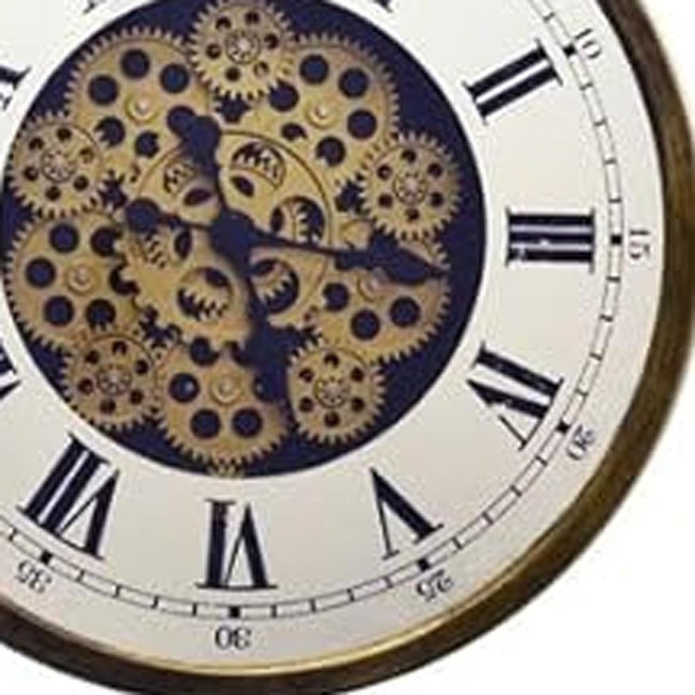 18" Antiqued Gold White And Black Metal Silent Skeleton Exposed Gear Round Wall Clock