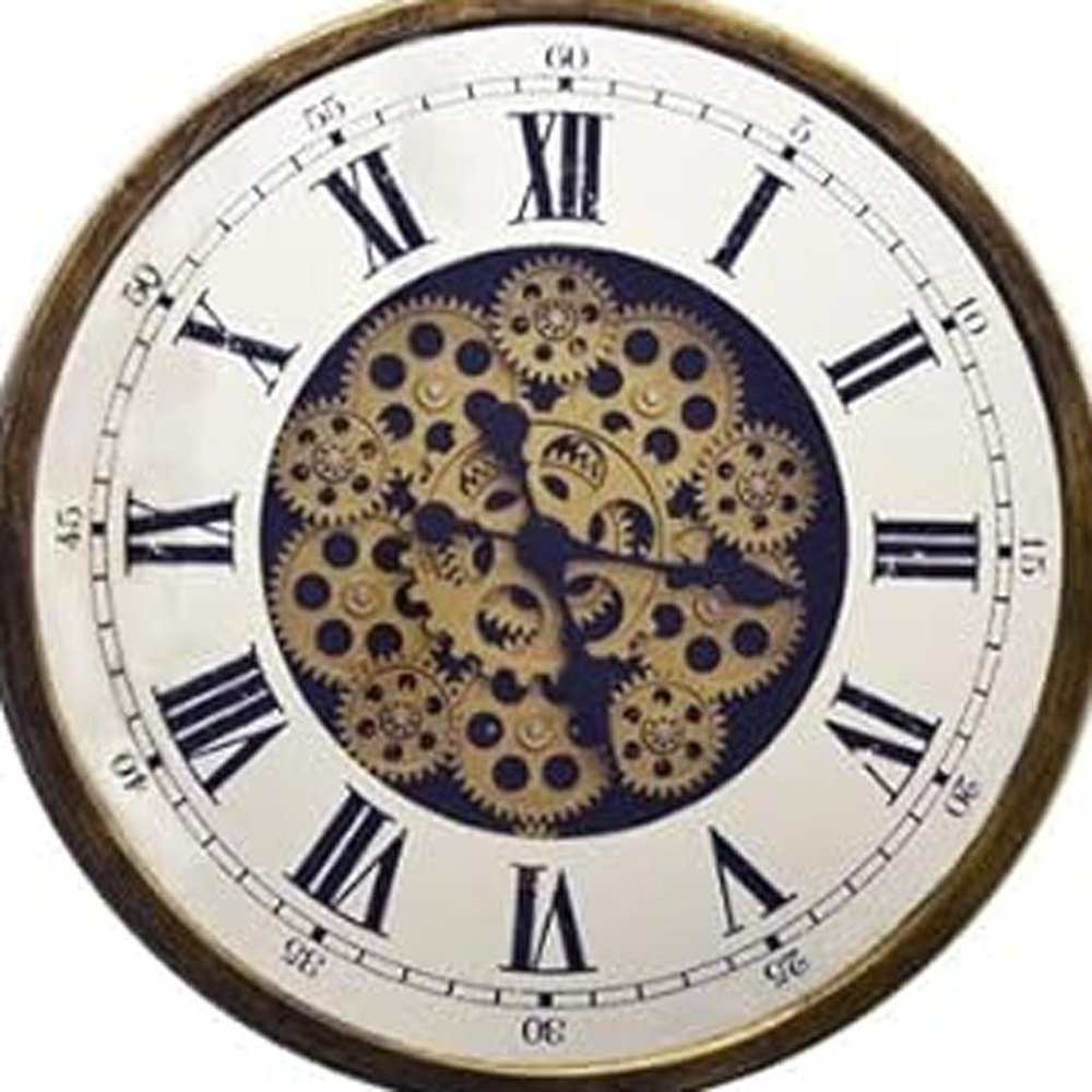 18" Antiqued Gold White And Black Metal Silent Skeleton Exposed Gear Round Wall Clock