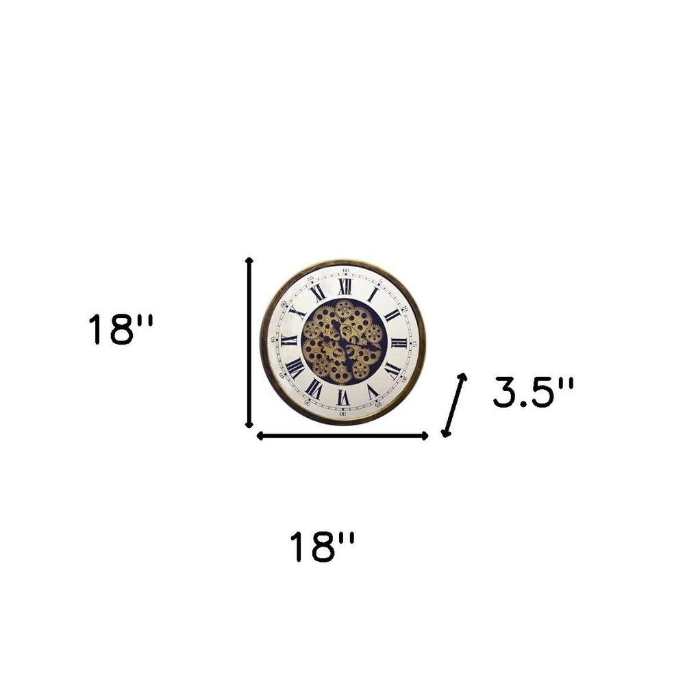 18" Antiqued Gold White And Black Metal Silent Skeleton Exposed Gear Round Wall Clock