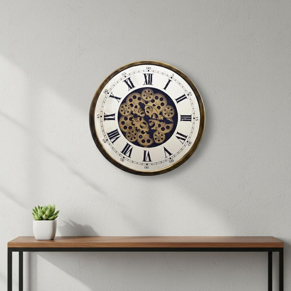 18" Antiqued Gold White And Black Metal Silent Skeleton Exposed Gear Round Wall Clock