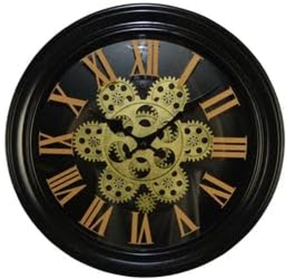 13" Black Orange And Gold Metal Silent Skeleton Distressed Exposed Gear Round Wall Clock