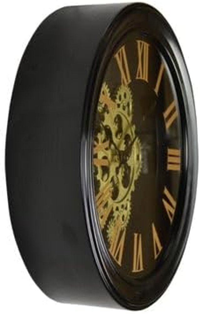 13" Black Orange And Gold Metal Silent Skeleton Distressed Exposed Gear Round Wall Clock