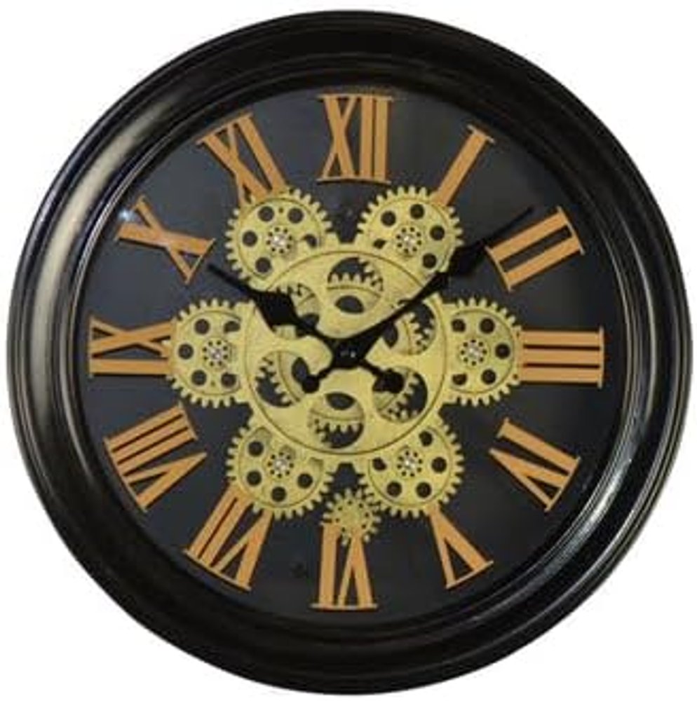 13" Black Orange And Gold Metal Silent Skeleton Distressed Exposed Gear Round Wall Clock