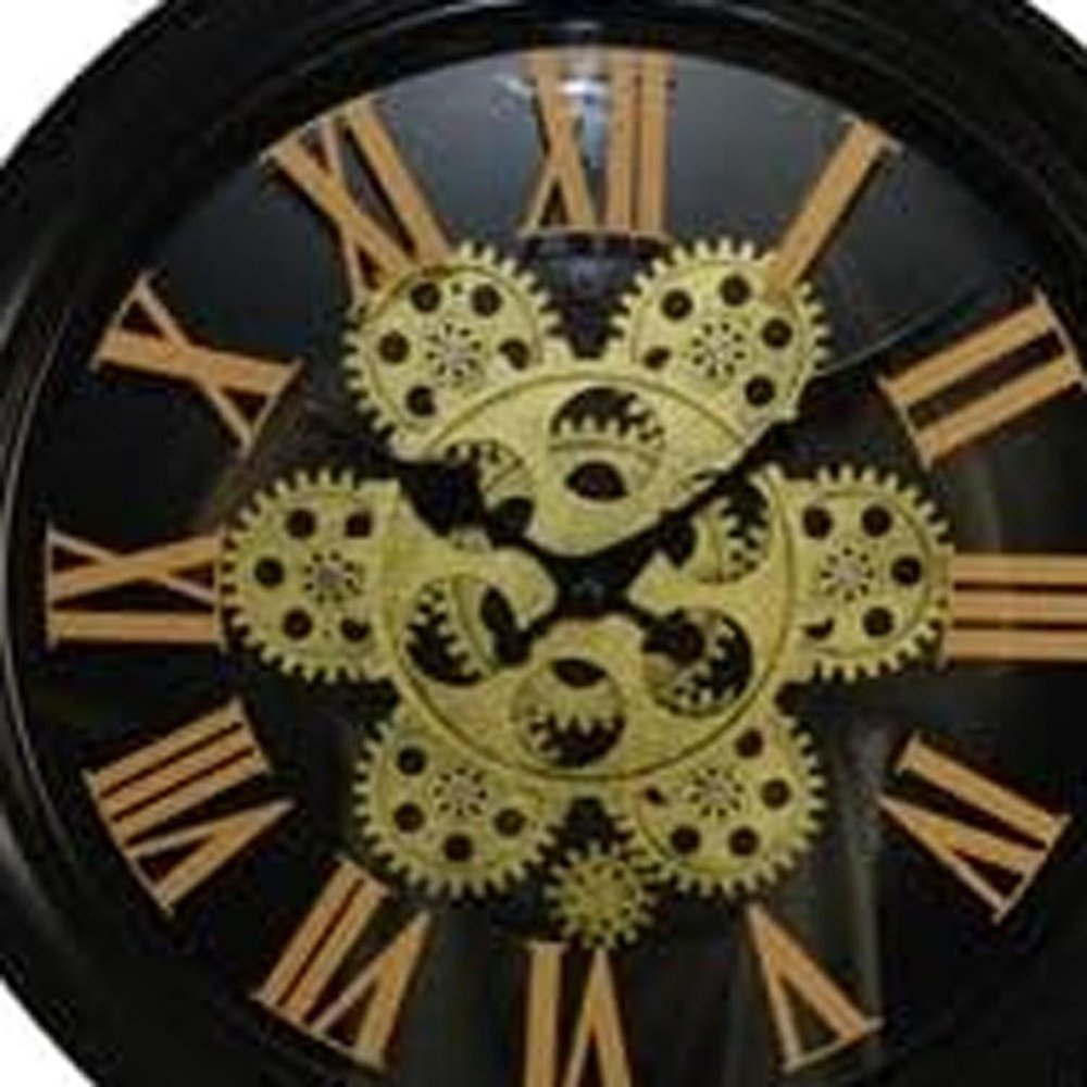 13" Black Orange And Gold Metal Silent Skeleton Distressed Exposed Gear Round Wall Clock