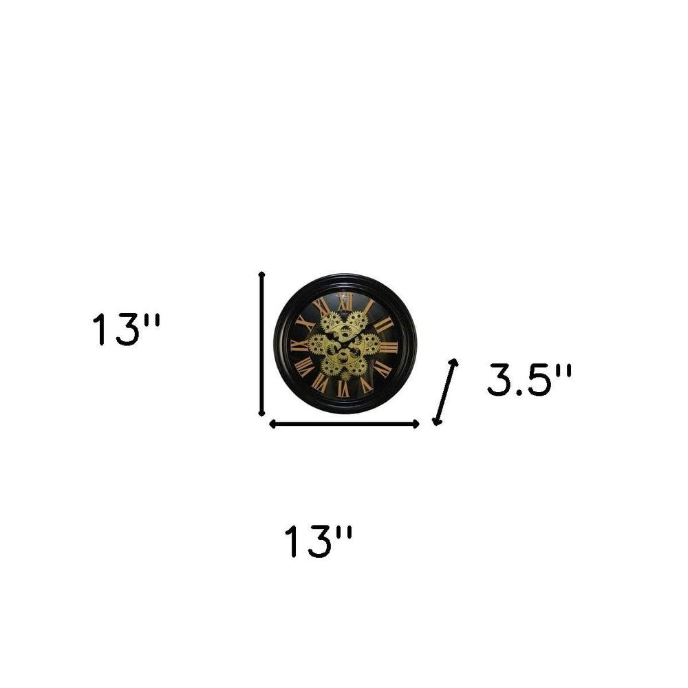 13" Black Orange And Gold Metal Silent Skeleton Distressed Exposed Gear Round Wall Clock