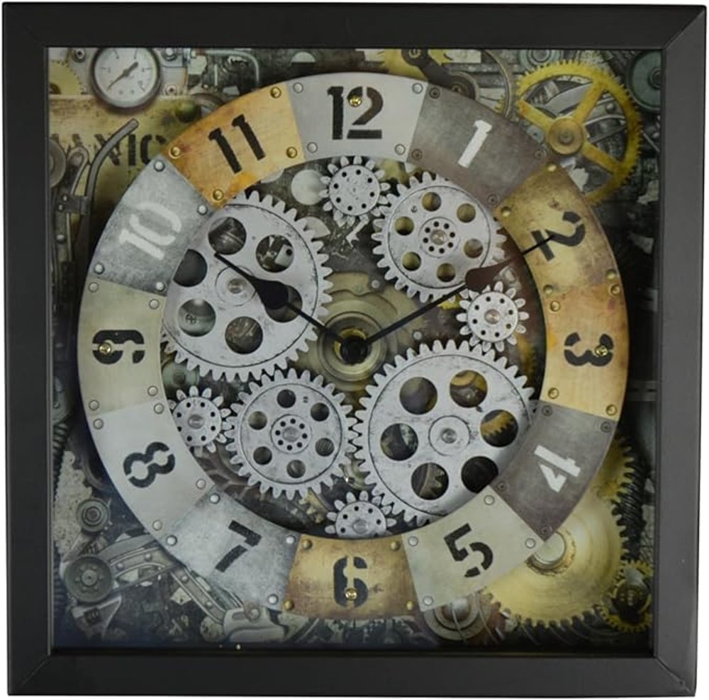 11" Black Gold And Silver Metal Silent Skeleton Distressed Exposed Gear Square Wall Clock