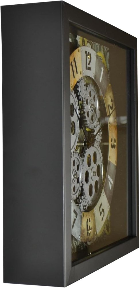 11" Black Gold And Silver Metal Silent Skeleton Distressed Exposed Gear Square Wall Clock