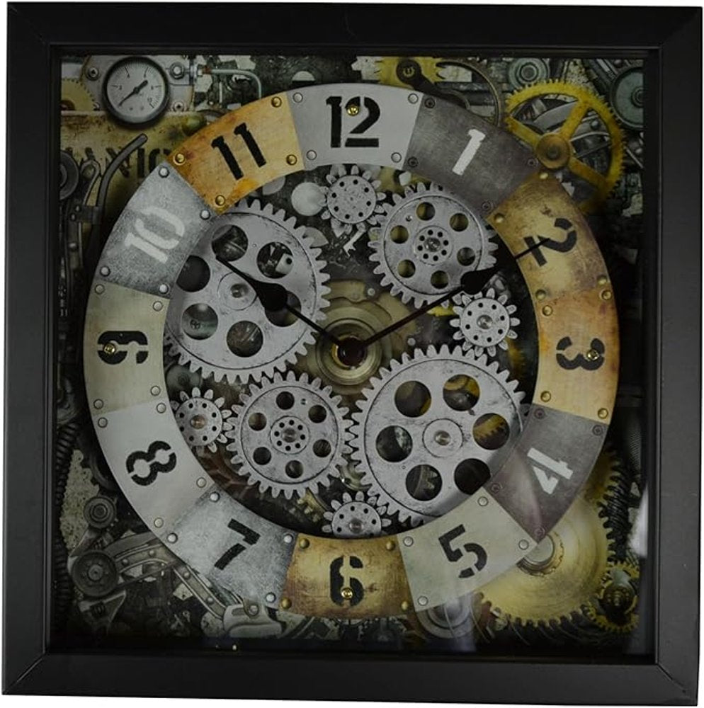 11" Black Gold And Silver Metal Silent Skeleton Distressed Exposed Gear Square Wall Clock