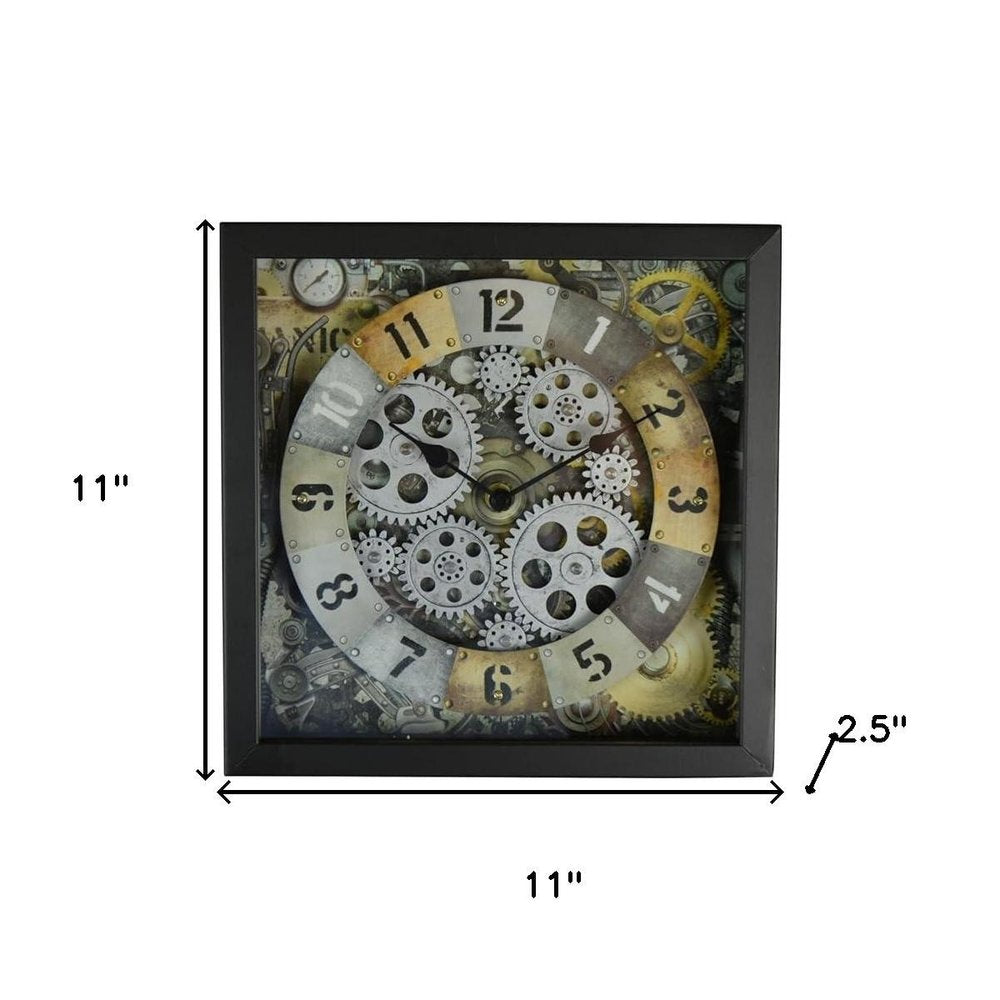 11" Black Gold And Silver Metal Silent Skeleton Distressed Exposed Gear Square Wall Clock