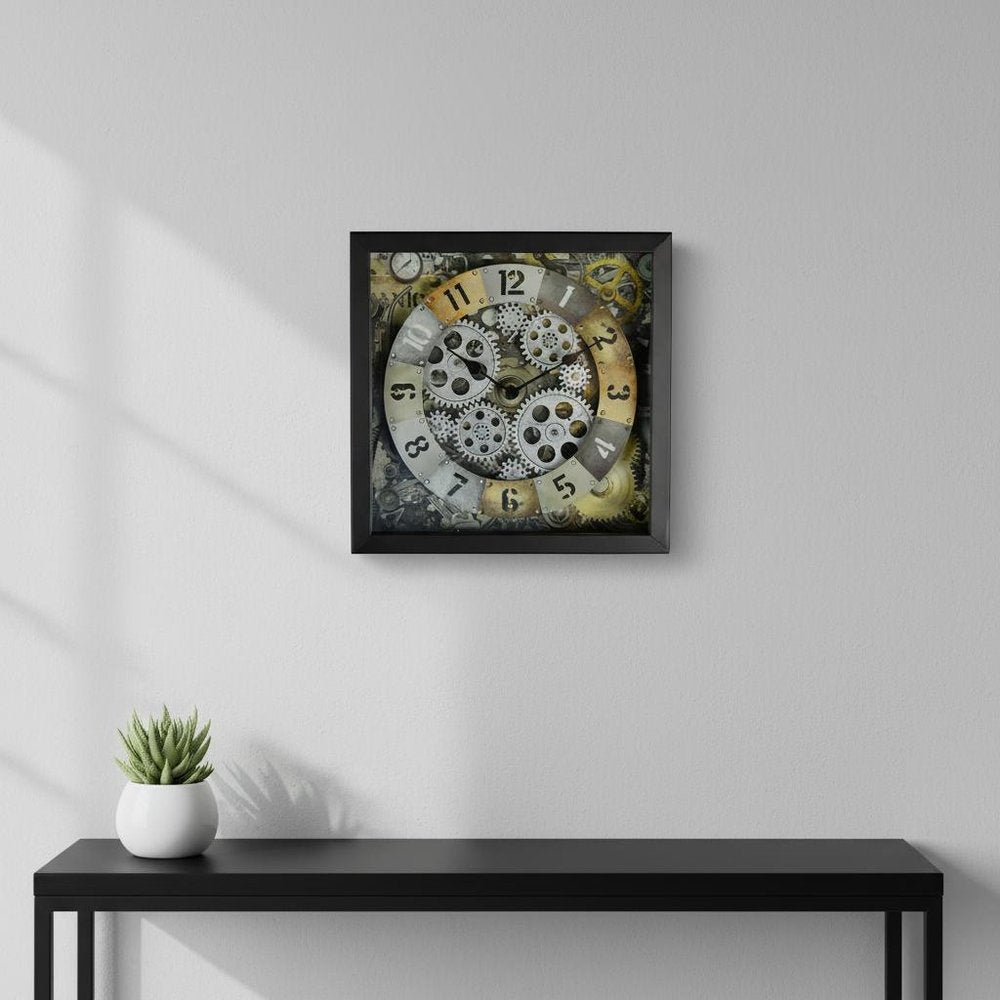 11" Black Gold And Silver Metal Silent Skeleton Distressed Exposed Gear Square Wall Clock