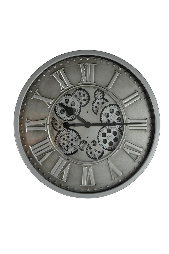 18" Silver And Black Metal Silent Skeleton Exposed Gear Round Wall Clock