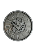 18" Silver And Black Metal Silent Skeleton Exposed Gear Round Wall Clock