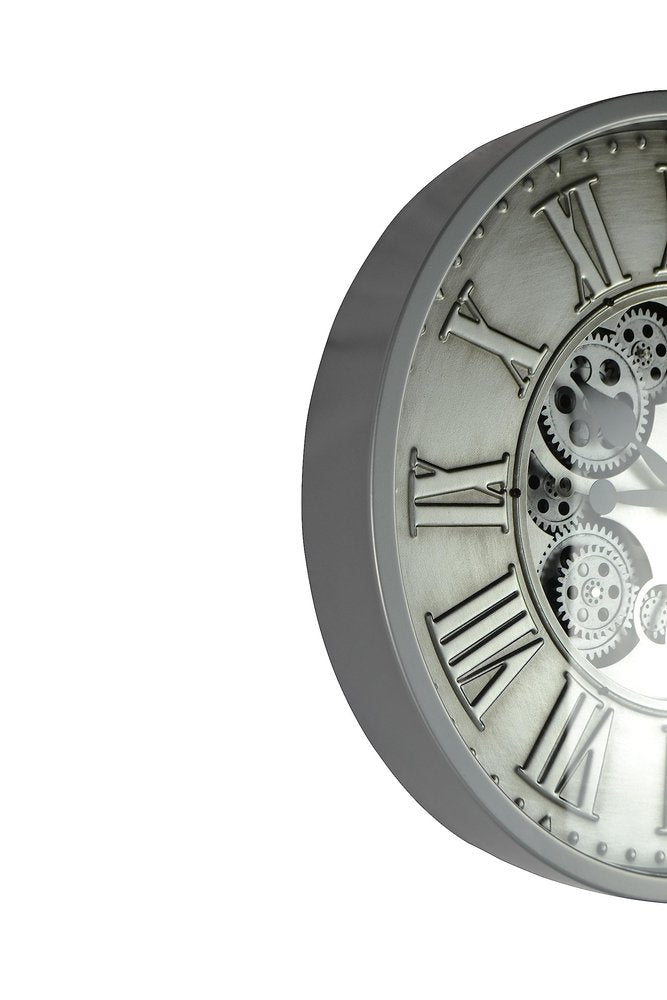 18" Silver And Black Metal Silent Skeleton Exposed Gear Round Wall Clock