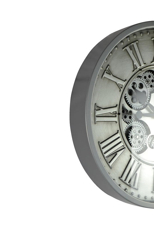 18" Silver And Black Metal Silent Skeleton Exposed Gear Round Wall Clock