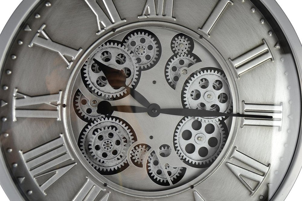 18" Silver And Black Metal Silent Skeleton Exposed Gear Round Wall Clock