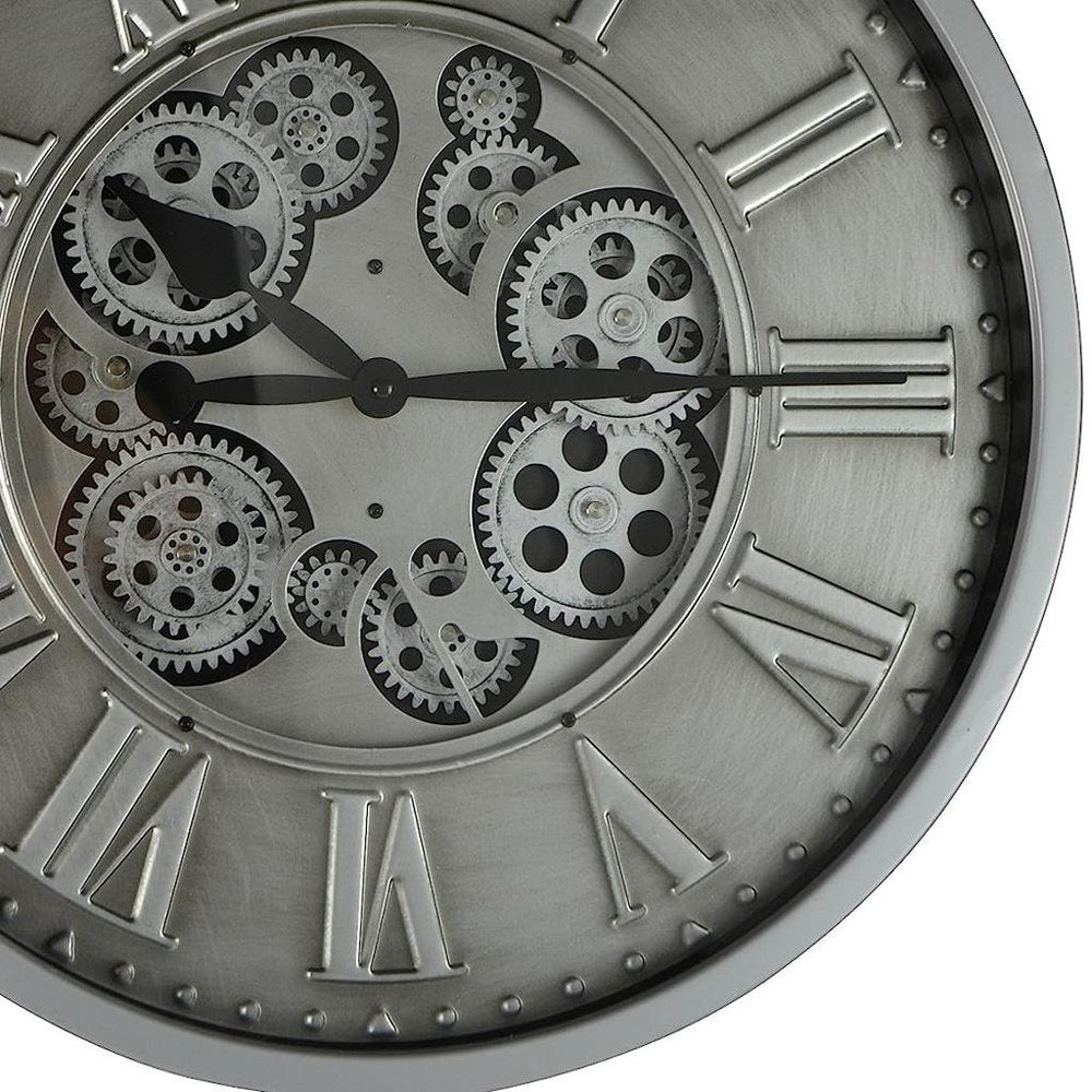 18" Silver And Black Metal Silent Skeleton Exposed Gear Round Wall Clock
