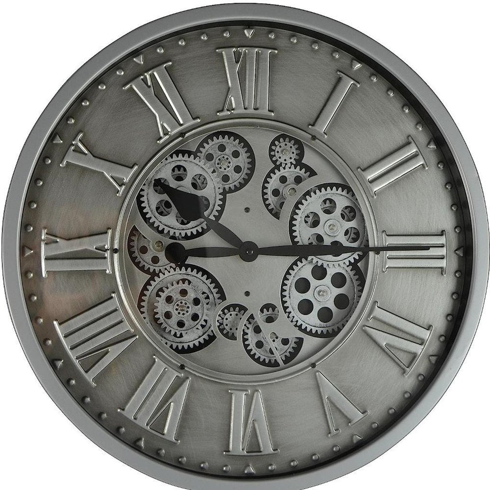 18" Silver And Black Metal Silent Skeleton Exposed Gear Round Wall Clock