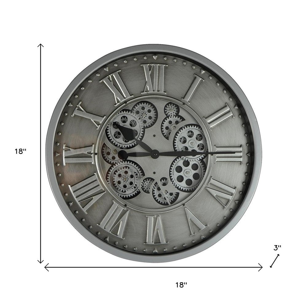 18" Silver And Black Metal Silent Skeleton Exposed Gear Round Wall Clock
