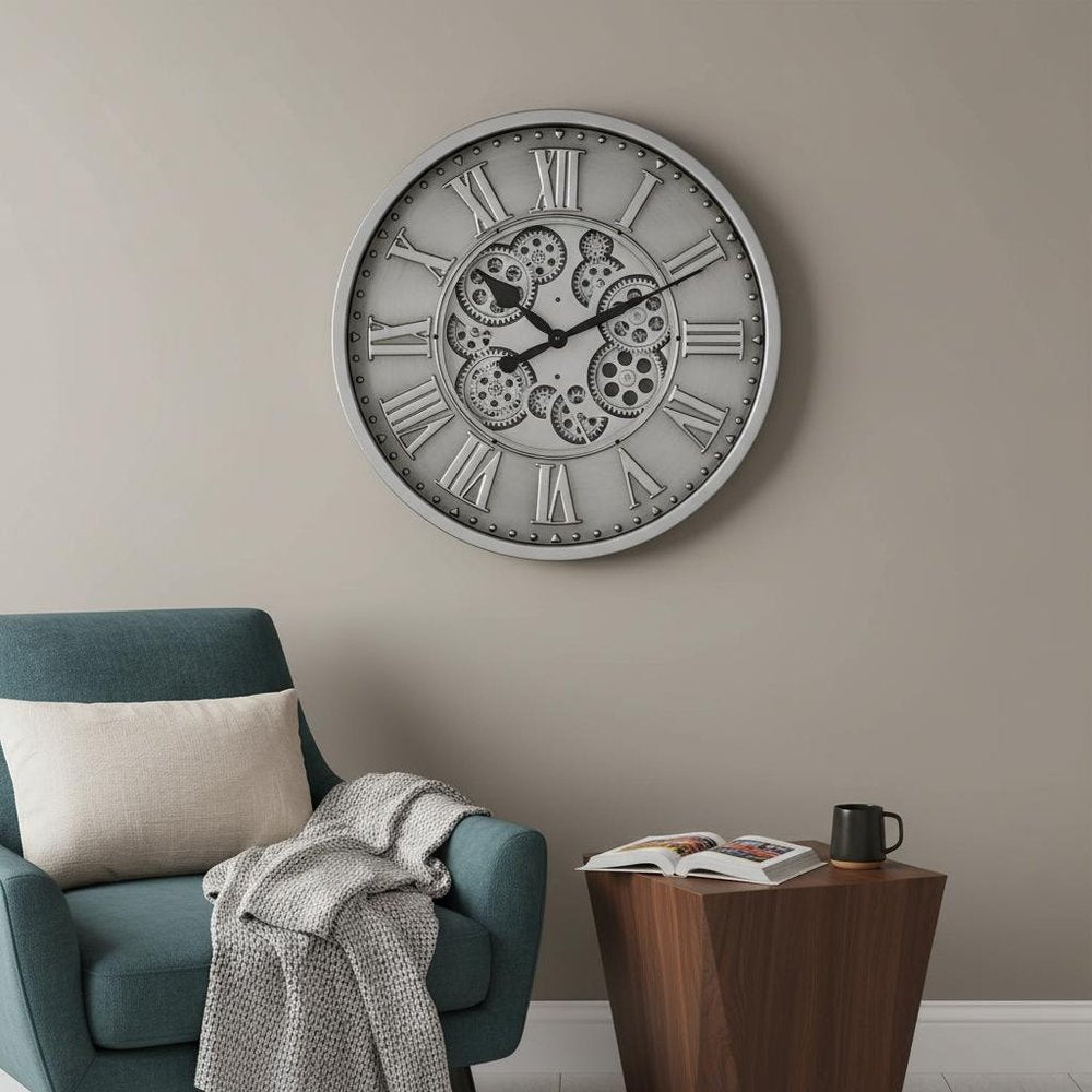 18" Silver And Black Metal Silent Skeleton Exposed Gear Round Wall Clock