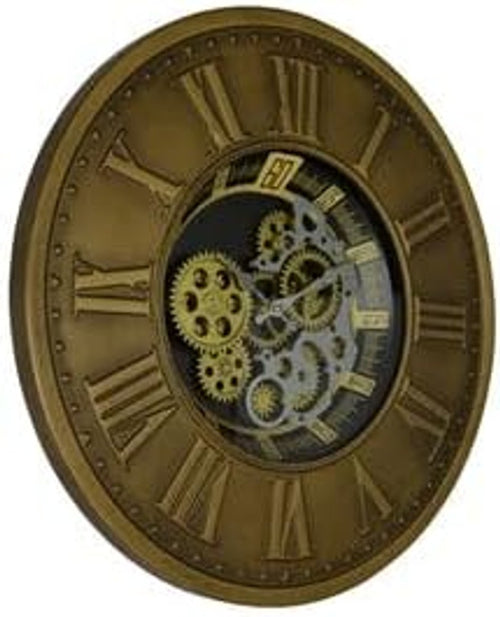 A round, antique-style wall clock with Roman numerals, exposed gears, and a black, gold, and silver finish.