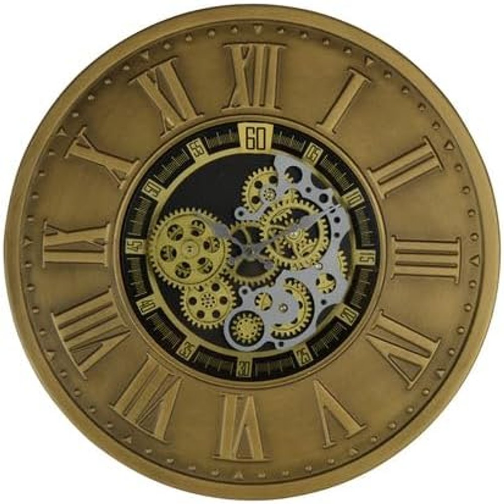18" Black Gold And Silver Metal Silent Skeleton Exposed Gear Round Wall Clock