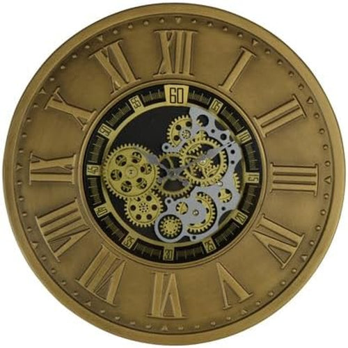 18" Black Gold And Silver Metal Silent Skeleton Exposed Gear Round Wall Clock