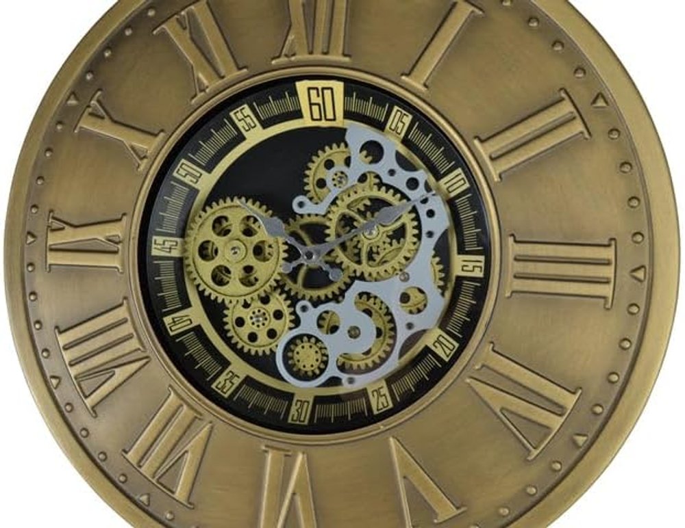18" Black Gold And Silver Metal Silent Skeleton Exposed Gear Round Wall Clock
