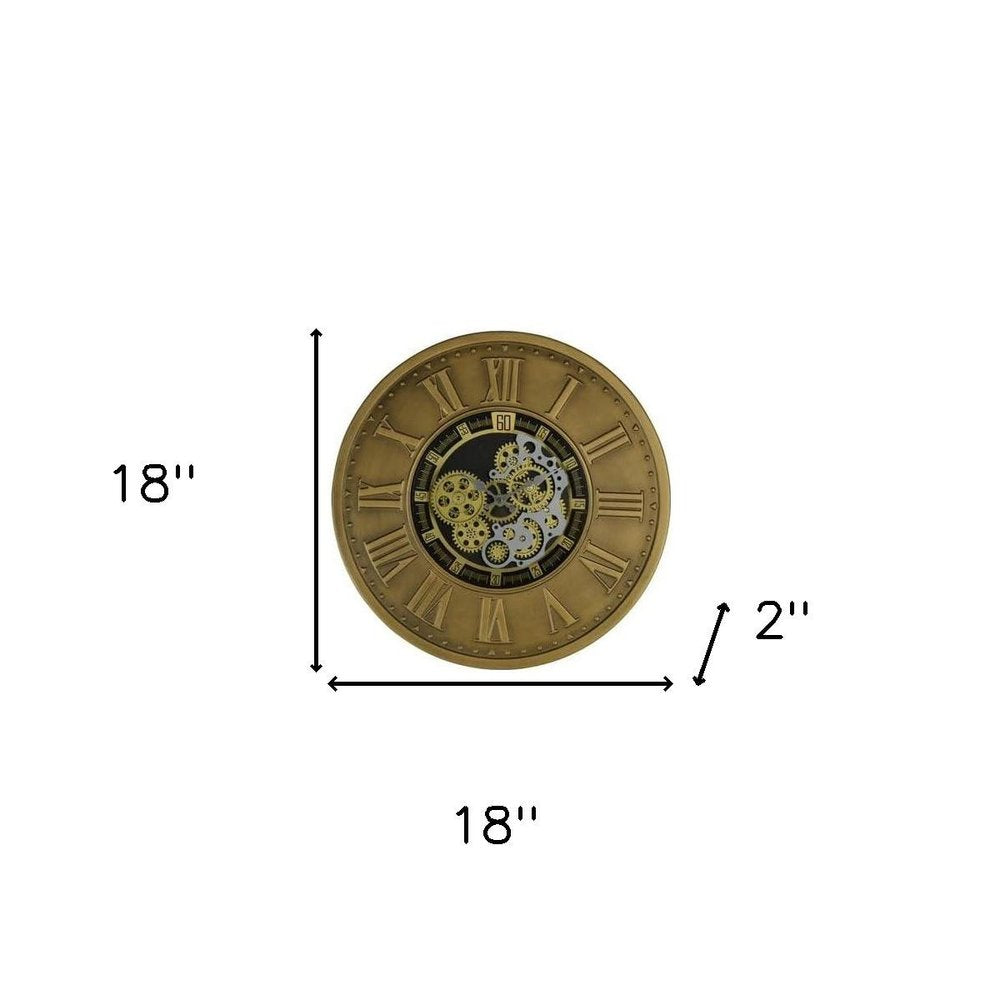 18" Black Gold And Silver Metal Silent Skeleton Exposed Gear Round Wall Clock