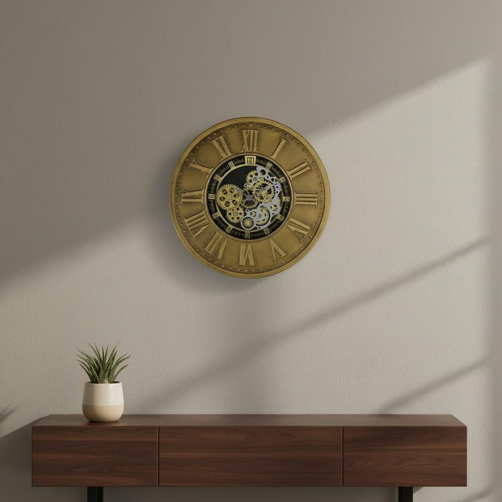 18" Black Gold And Silver Metal Silent Skeleton Exposed Gear Round Wall Clock