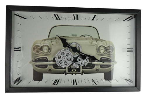 Rectangular black metal wall clock with a vintage car image, exposed gears, and Roman numerals.