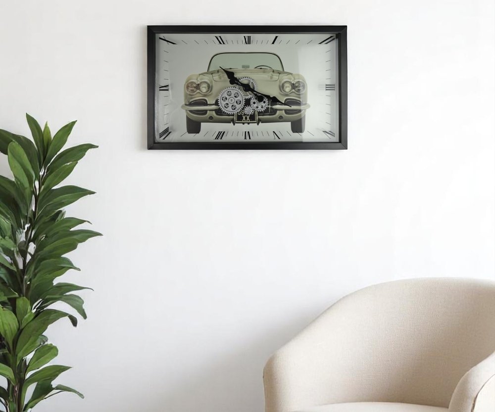 23" Black Silver And White Metal Silent Analog Exposed Gear Wall Clock