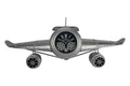 Silver metal airplane wall clock with black face and exposed gears, on a white background.