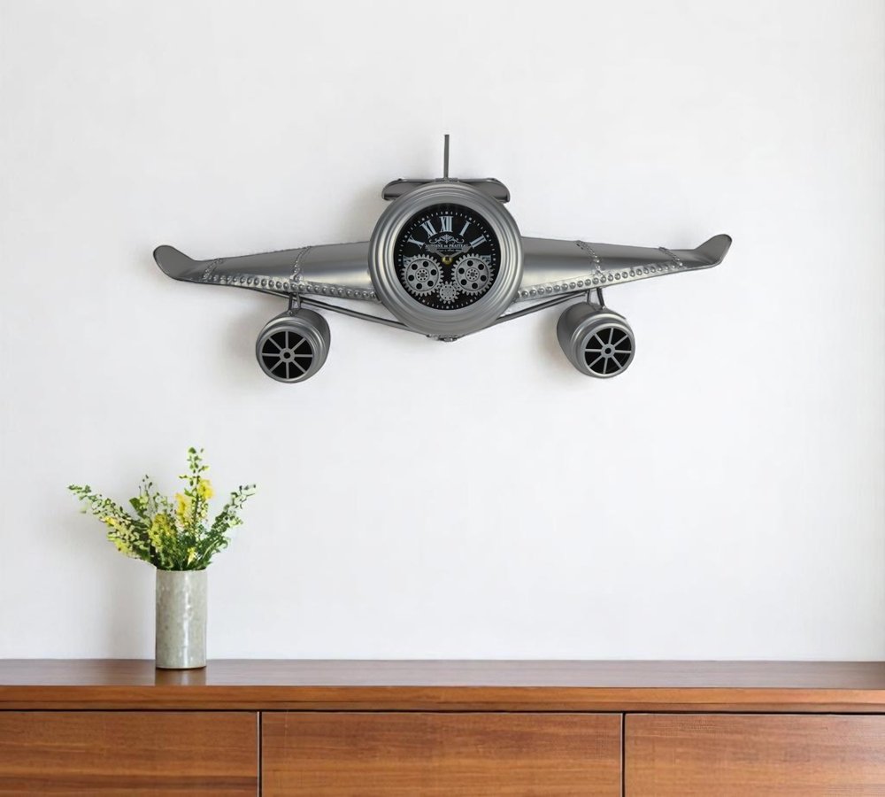34" Black And Silver Silent Analog Exposed Gear Novelty Wall Clock. Wall clock in silver.