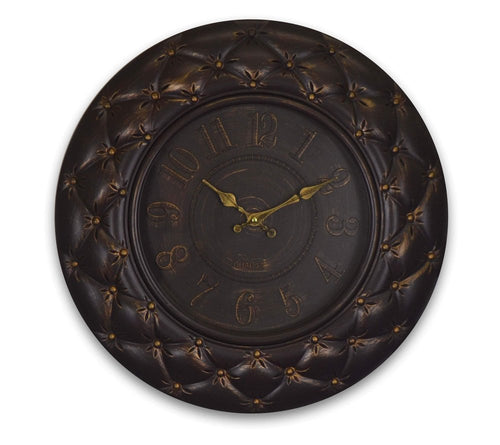 Brown and gold heavy duty plastic silent analog round wall clock with a tufted frame and gold hands on a white background.