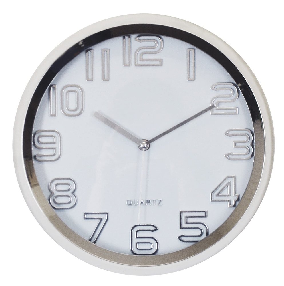 12" Silver And White Heavy Duty Plastic Silent Analog Round Wall Clock