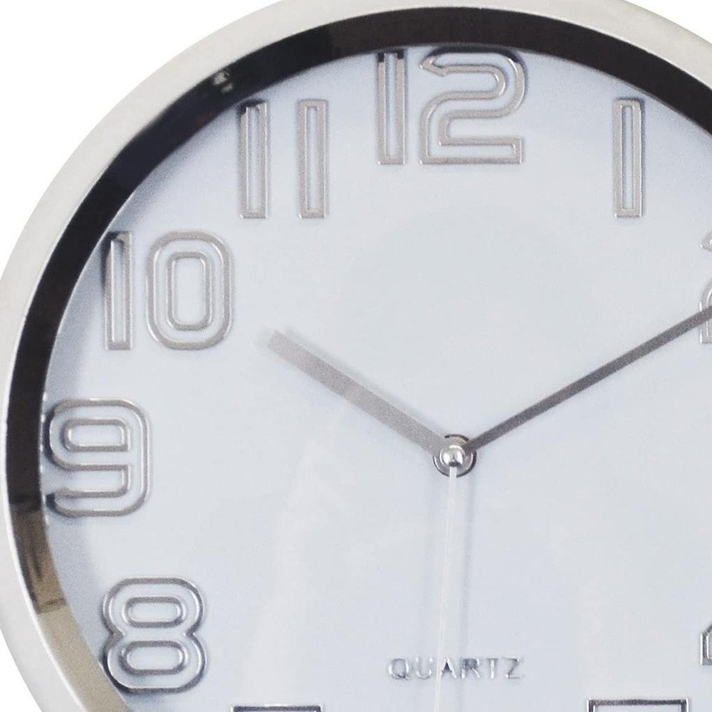12" Silver And White Heavy Duty Plastic Silent Analog Round Wall Clock