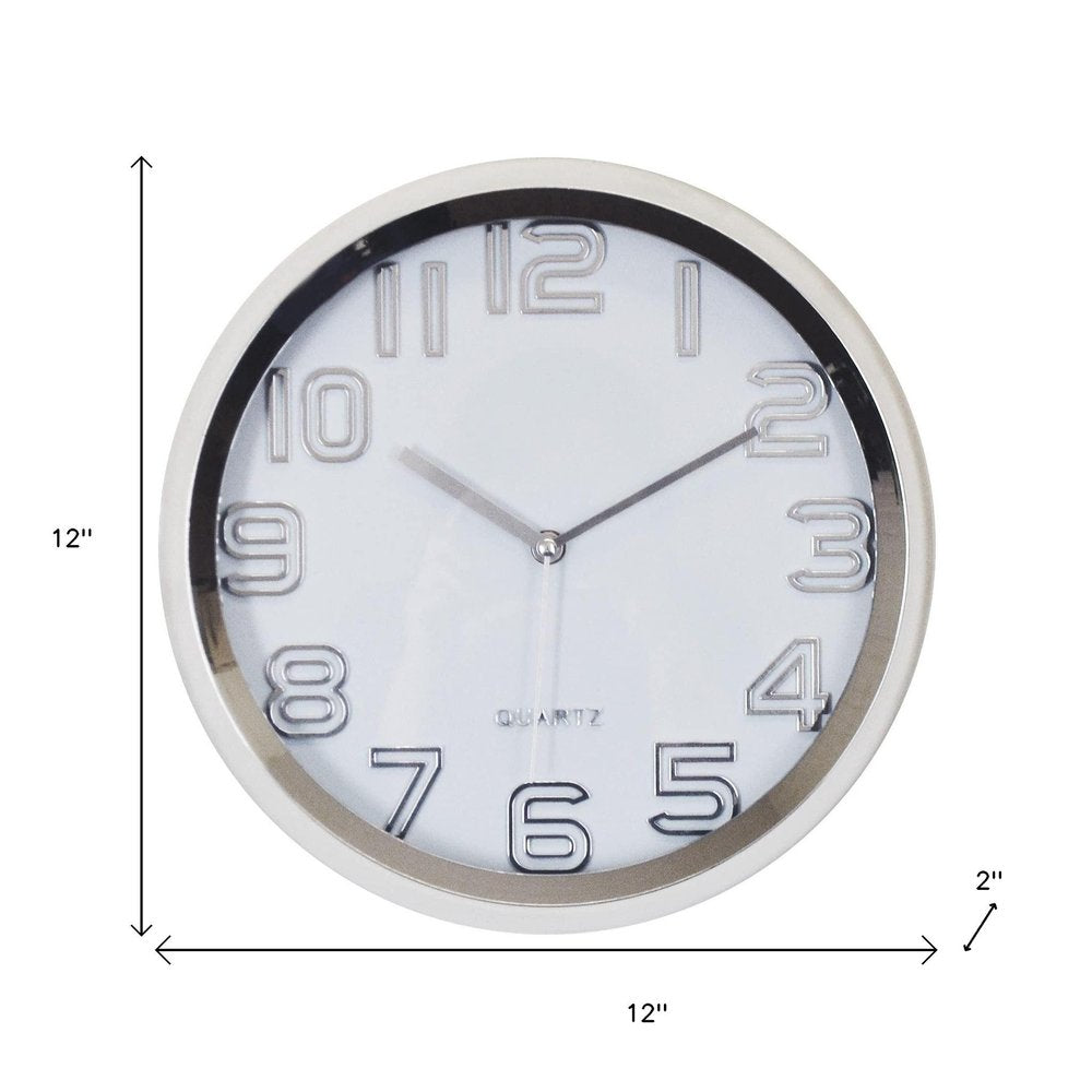 12" Silver And White Heavy Duty Plastic Silent Analog Round Wall Clock