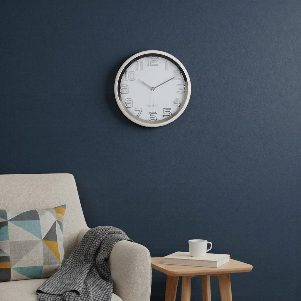 12" Silver And White Heavy Duty Plastic Silent Analog Round Wall Clock