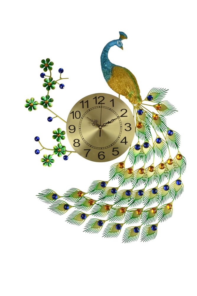 Gold, blue, and green metal peacock wall clock with a white background.