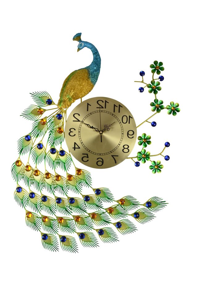 27" Gold Blue And Green Metal Silent Analog Peacock Novelty Wall Clock
