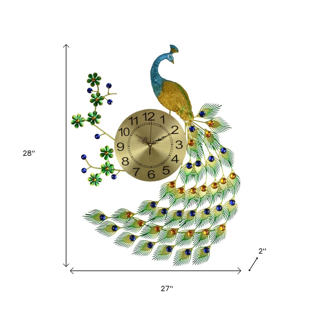 27" Gold Blue And Green Metal Silent Analog Peacock Novelty Wall Clock