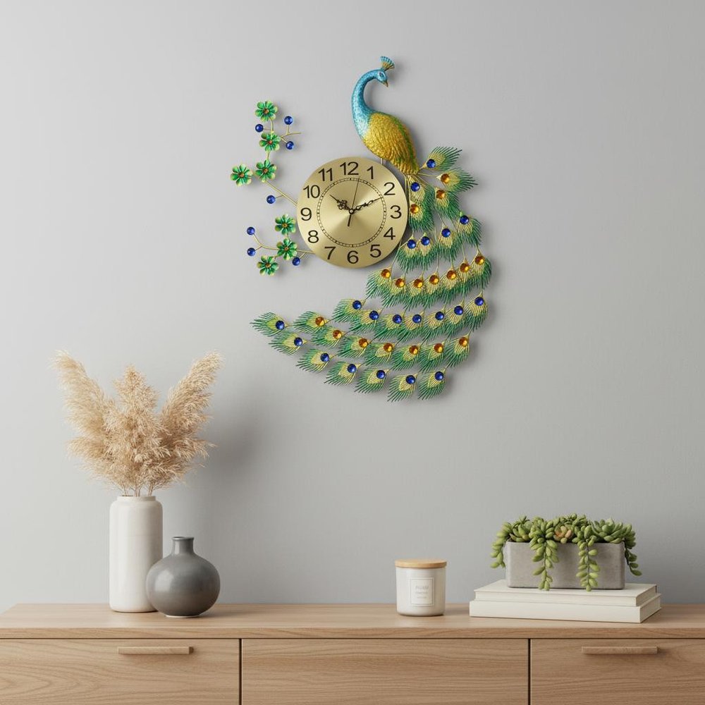 27" Gold Blue And Green Metal Silent Analog Peacock Novelty Wall Clock