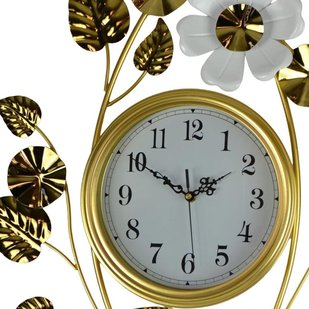 22" Gold And White Metal Silent Analog Floral Novelty Wall Clock