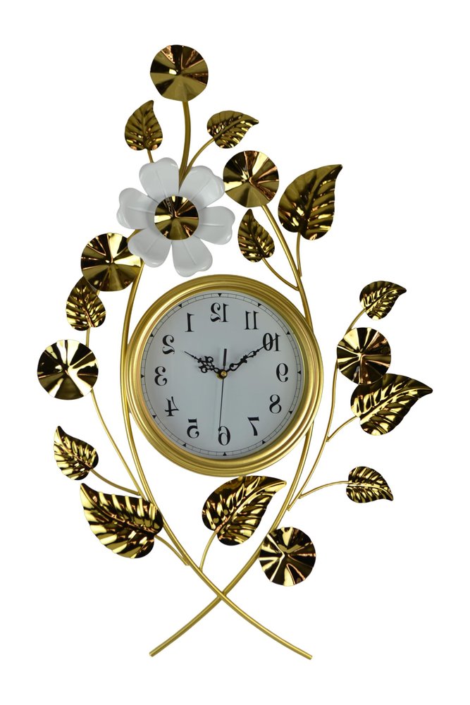 22" Gold And White Metal Silent Analog Floral Novelty Wall Clock
