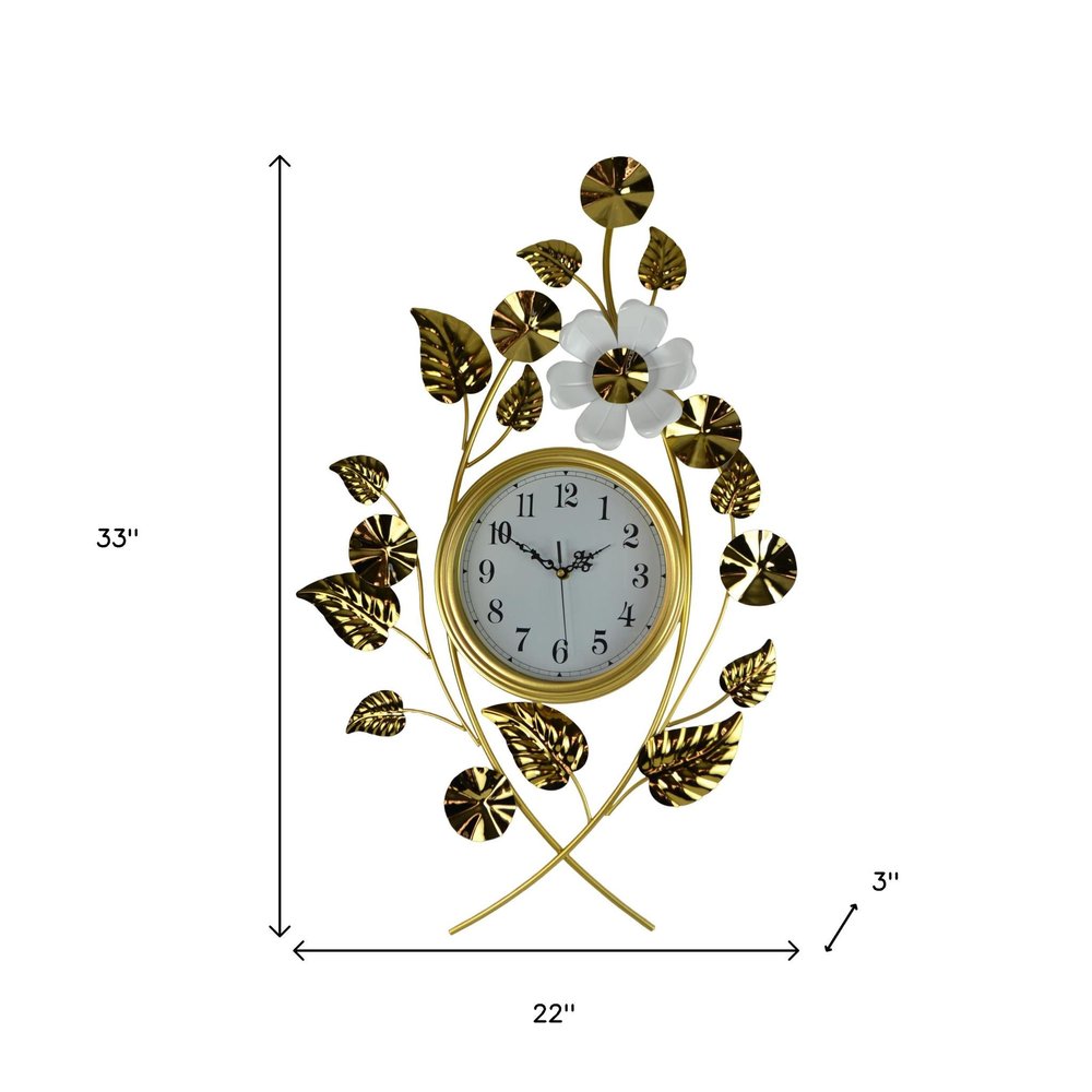 22" Gold And White Metal Silent Analog Floral Novelty Wall Clock